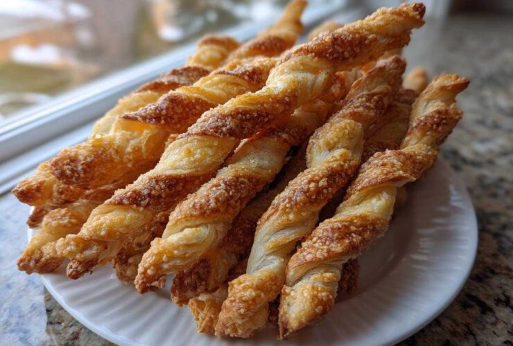 A pile of flaky, golden-brown cheese straws recipe twists stacked on a white plate near a window.