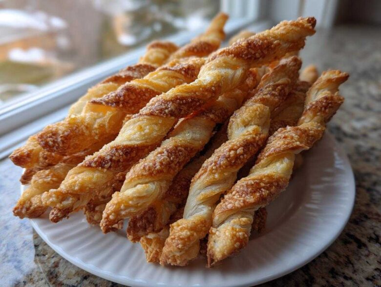 A pile of flaky, golden-brown cheese straws recipe twists stacked on a white plate near a window.