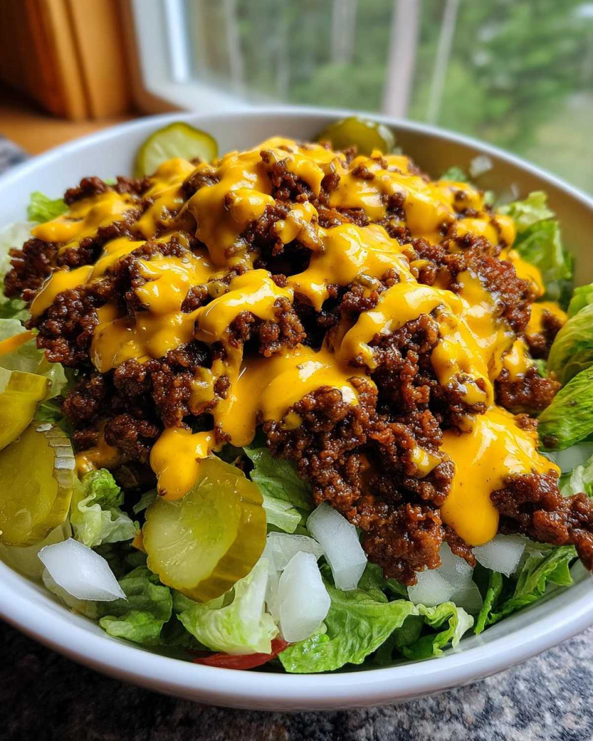 A close-up view of a cheeseburger bowl featuring seasoned ground beef drizzled with cheese sauce over lettuce, pickles, and onions.