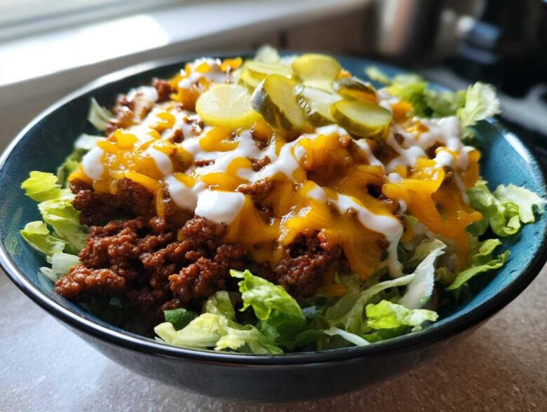 A close-up of a delicious cheeseburger bowl featuring seasoned ground beef, melted cheddar cheese, and a drizzle of white sauce over lettuce.