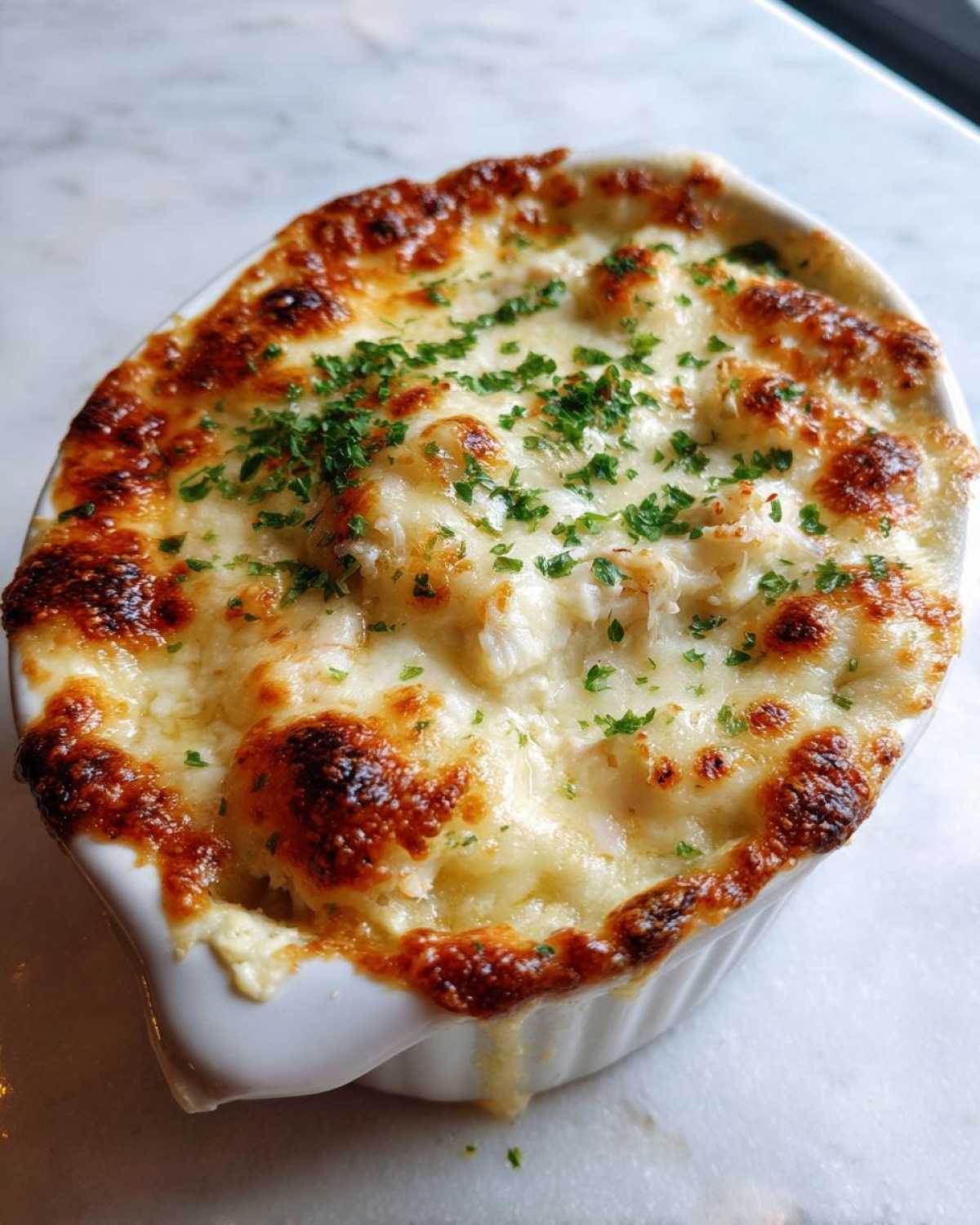 Close-up of a bubbling, cheesy hot crab dip baked to golden brown perfection in a white ramekin.