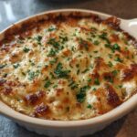 Close-up of a bubbling, cheesy hot crab dip baked golden brown and topped with fresh parsley.