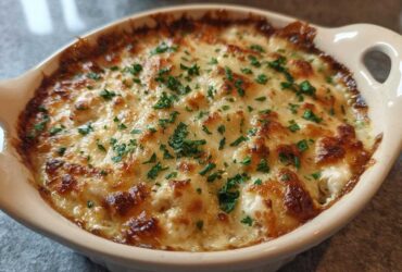Close-up of a bubbling, cheesy hot crab dip baked golden brown and topped with fresh parsley.