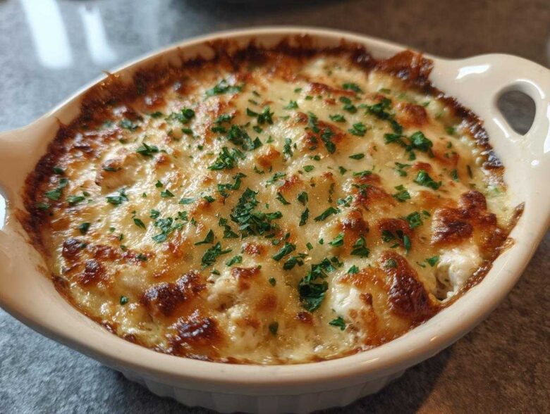 Close-up of a bubbling, cheesy hot crab dip baked golden brown and topped with fresh parsley.