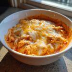Close-up of creamy, cheesy buffalo chicken dip topped with melted white and orange cheese in a white serving bowl.