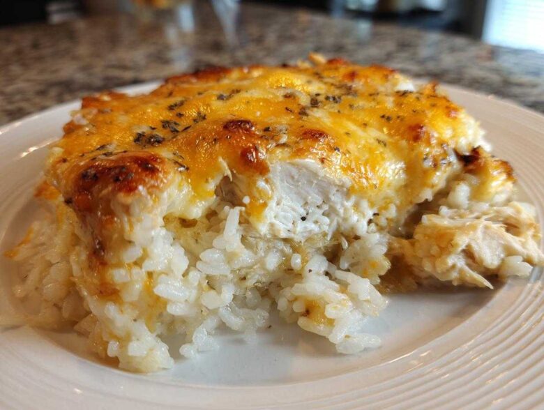 A serving of cheesy chicken and rice casserole showing melted, browned cheese topping over creamy rice and white chicken pieces.