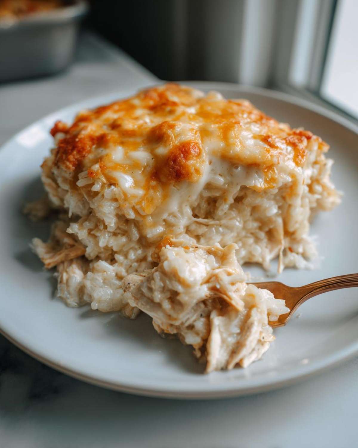 A close-up serving of creamy cheesy chicken and rice casserole with a golden-brown melted cheese topping.