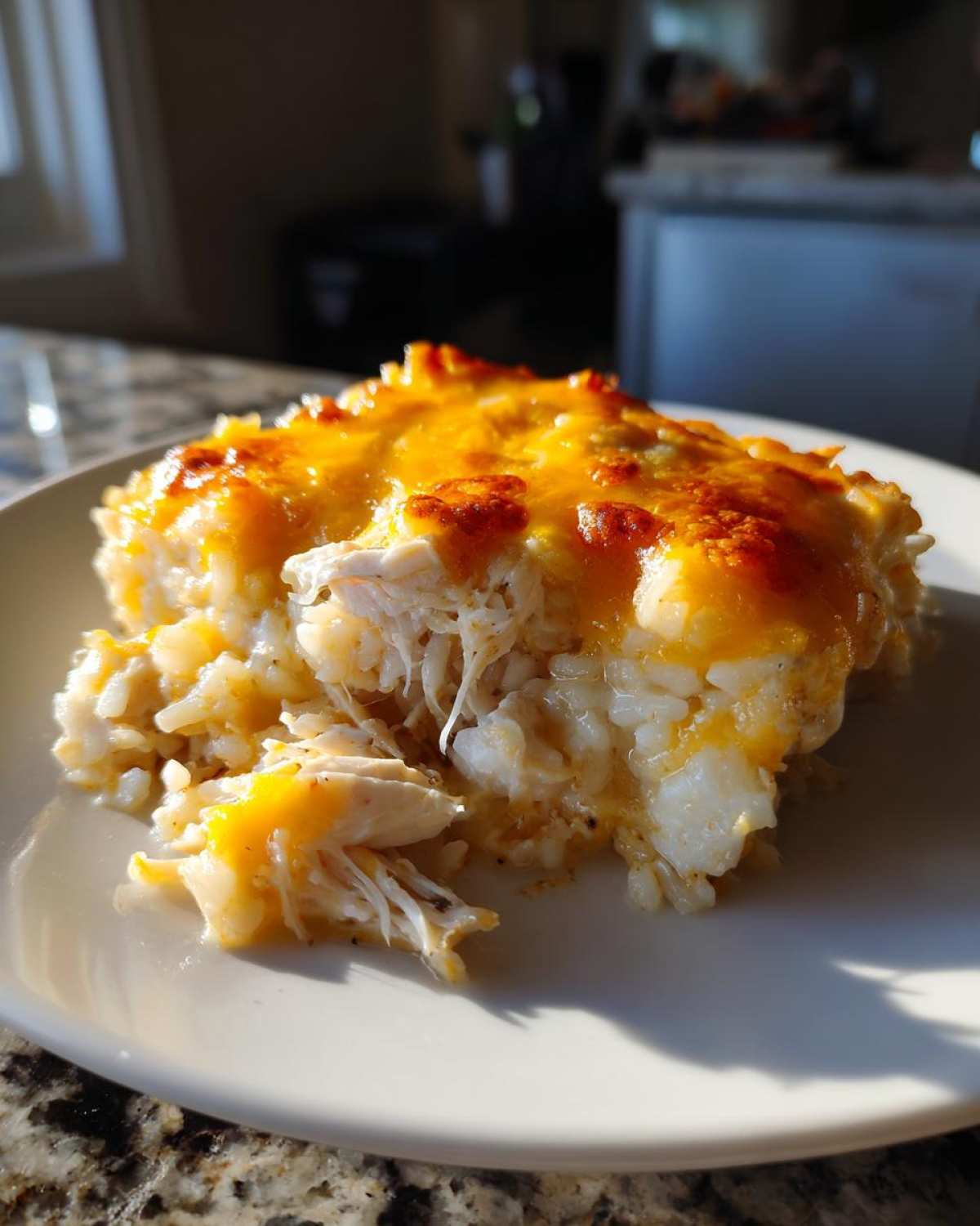 A close-up serving of cheesy chicken and rice casserole with a melted, browned cheddar topping.