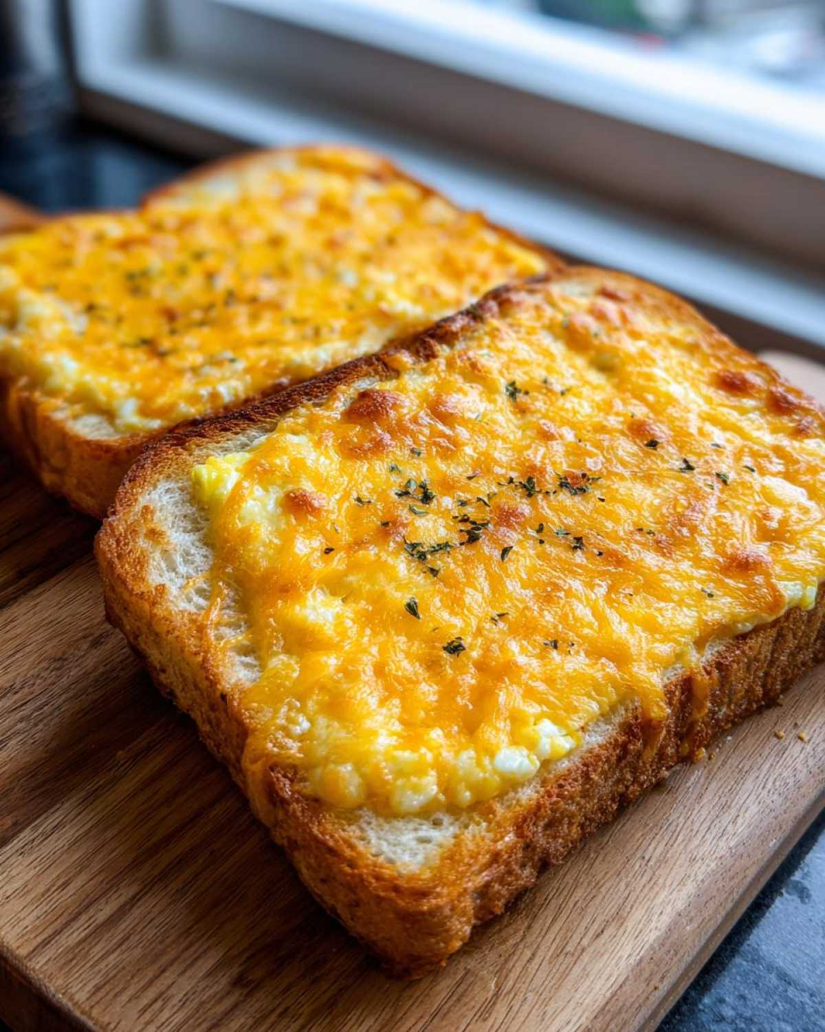 Two slices of cheesy egg toast topped with melted orange cheddar cheese and sprinkled herbs on a wooden board.