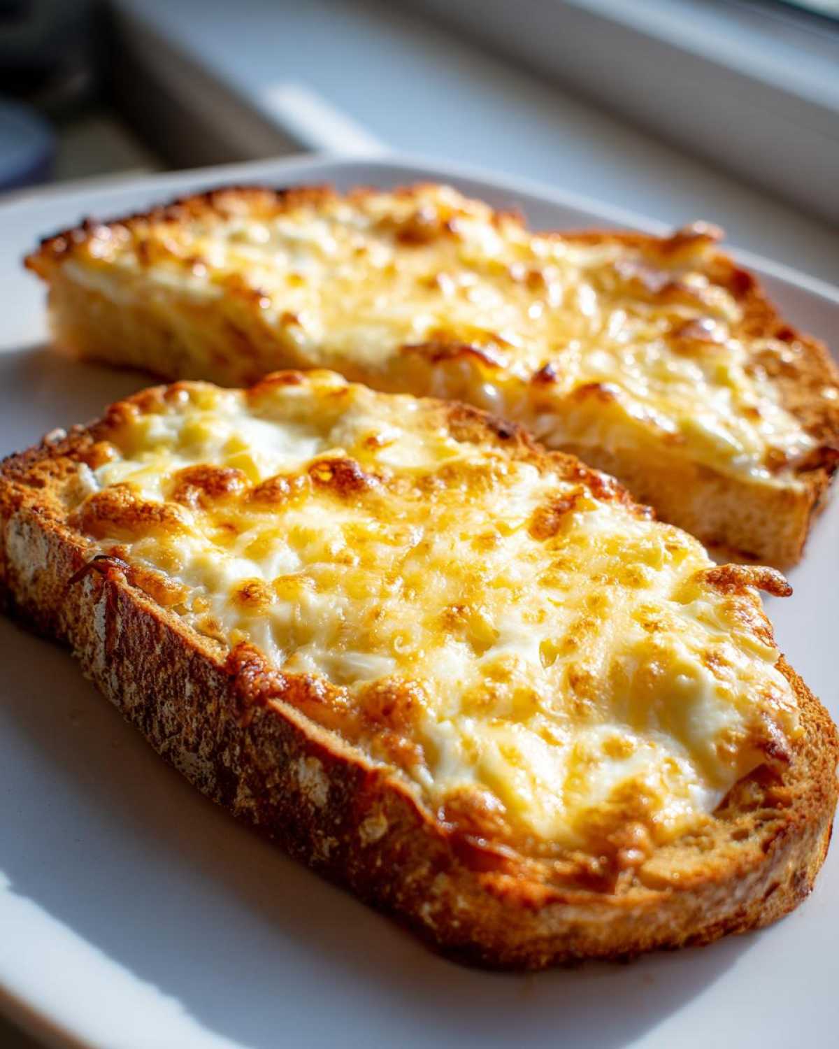 Two slices of golden brown egg toast topped with melted, bubbly cheese, ready to eat.