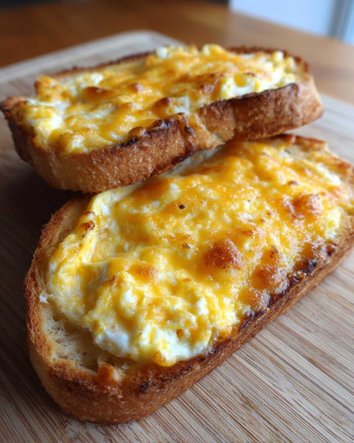 Two slices of cheesy egg toast with golden-brown, melted cheese topping resting on a wooden cutting board.