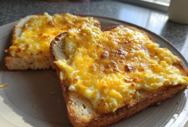 Two slices of golden brown toast topped with fluffy scrambled egg and melted cheddar cheese, making delicious egg toast.