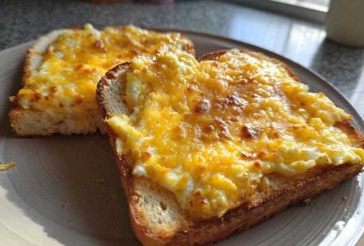 Two slices of golden brown toast topped with fluffy scrambled egg and melted cheddar cheese, making delicious egg toast.
