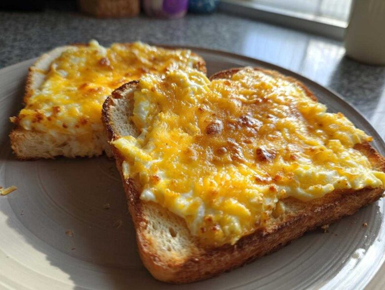 Two slices of golden brown toast topped with fluffy scrambled egg and melted cheddar cheese, making delicious egg toast.