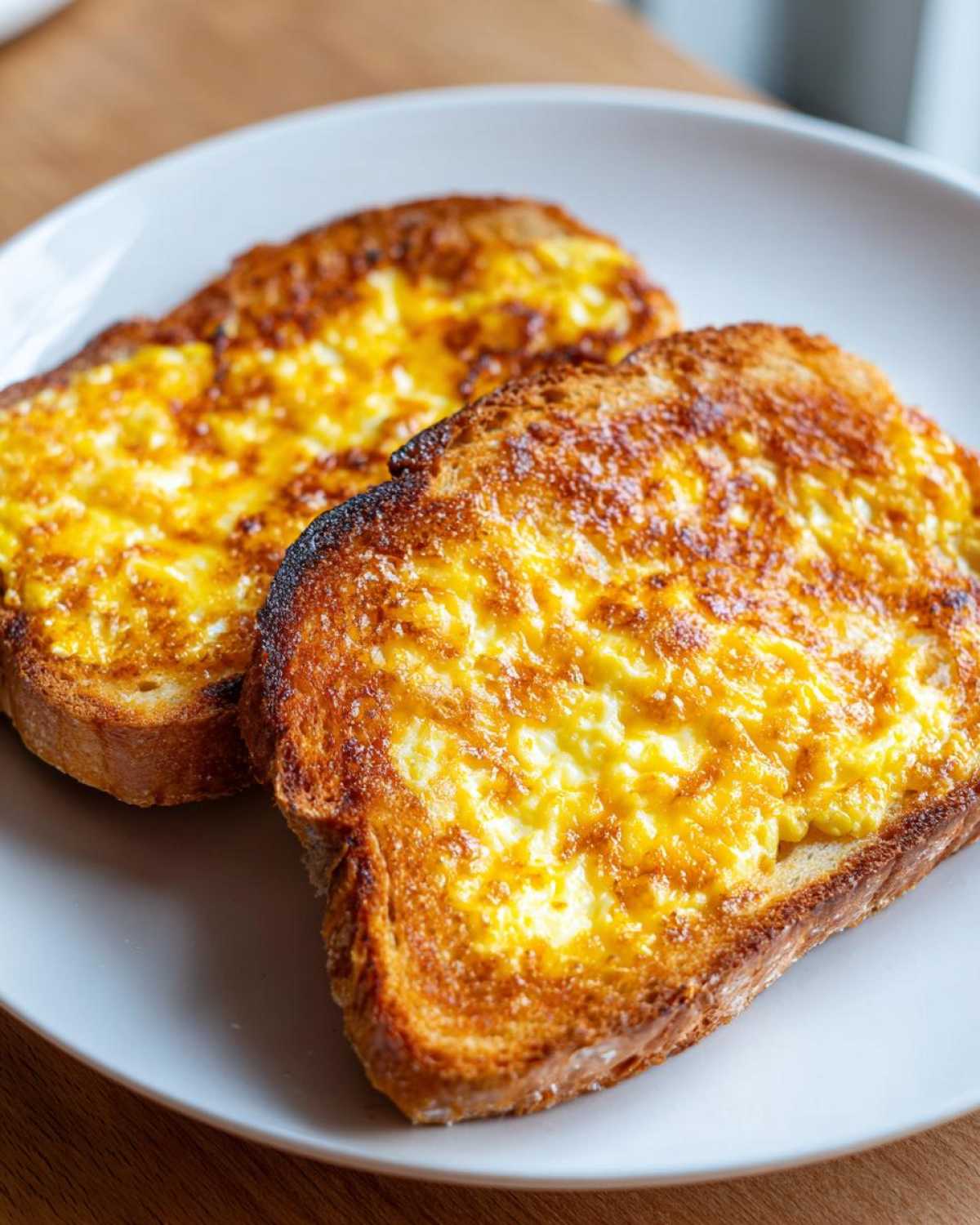 Close-up of two golden brown slices of cheesy egg toast served on a white plate.