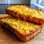 Two slices of golden brown bread topped with melted, cheesy egg toast, stacked on a wooden board.