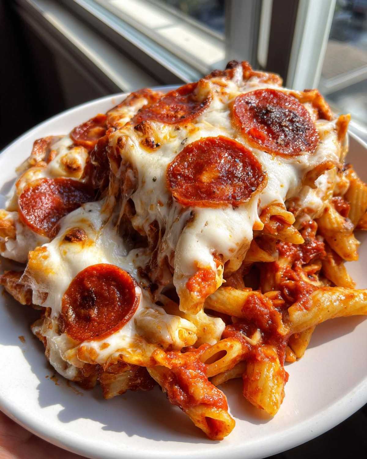A close-up of a serving of pizza pasta bake topped with melted mozzarella and pepperoni slices.