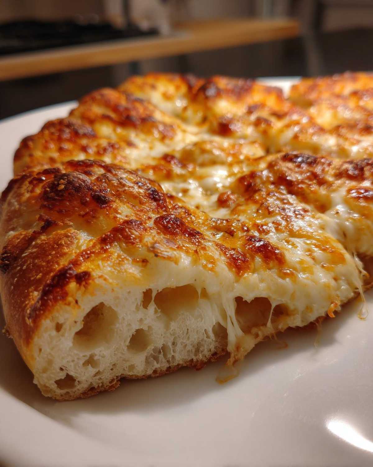 Close-up of a slice of cheesy pizza showing the airy crumb structure of the sourdough discard pizza dough.