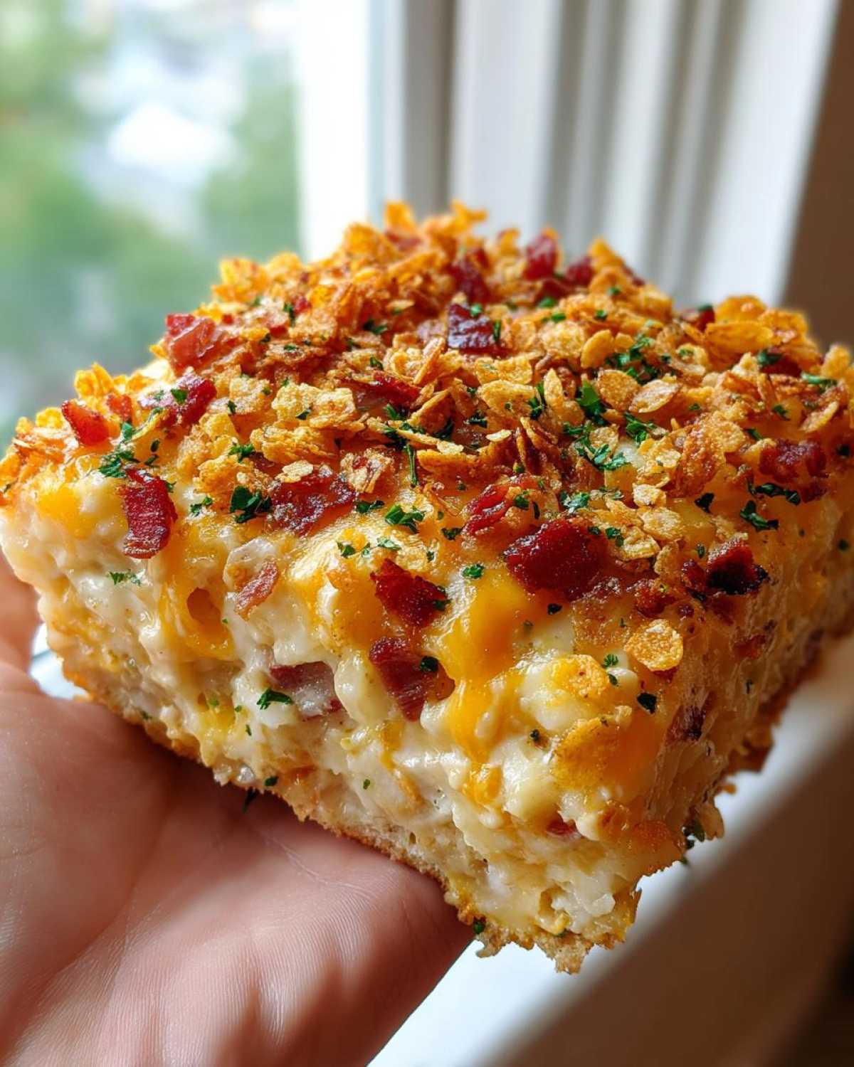 A square slice of creamy potato casserole topped with melted cheddar, bacon bits, and crunchy cornflakes.