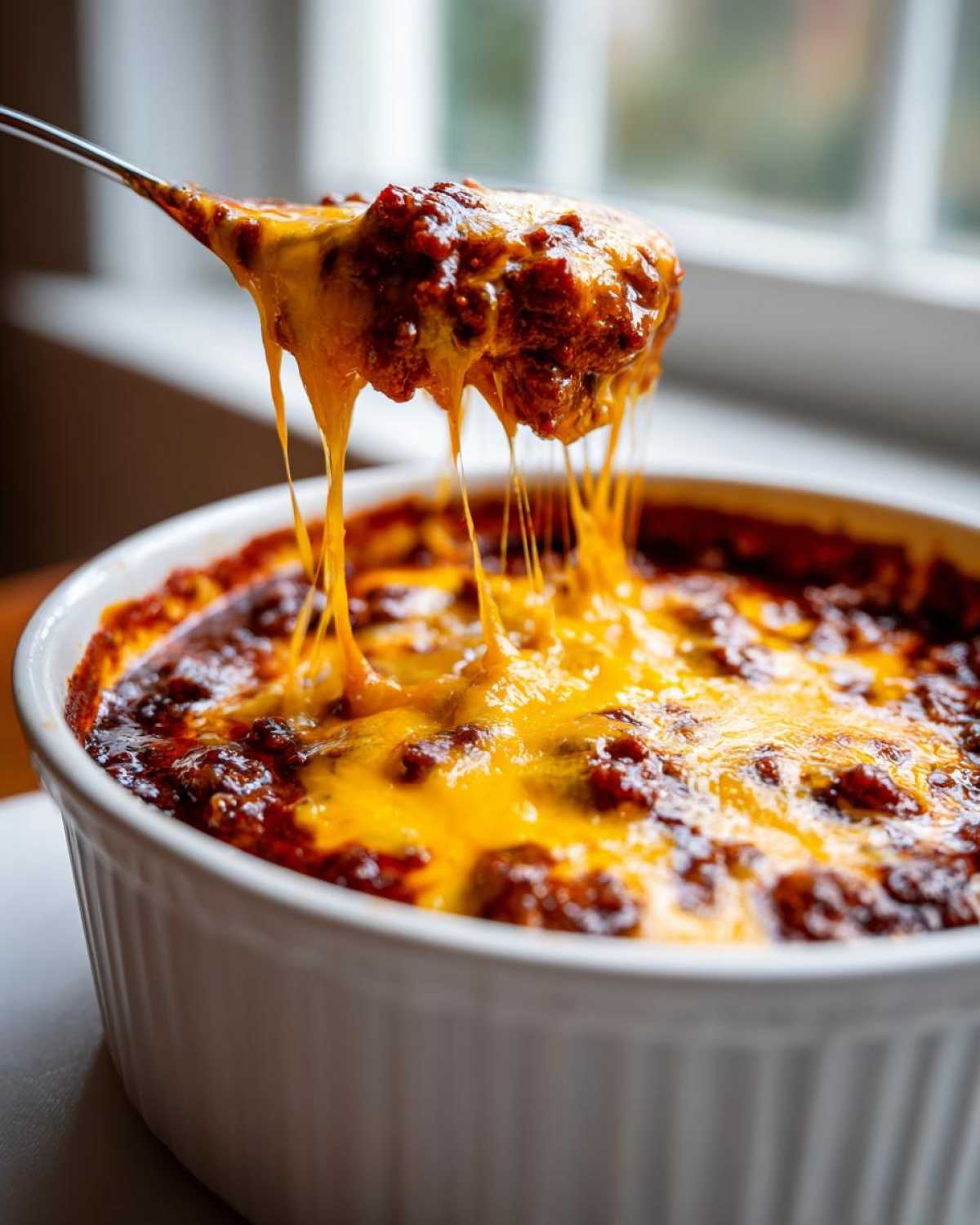 A spoonful of hot chili cheese dip showing extreme cheese pull over a white baking dish.