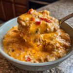 A spoonful of hot, gooey, cheesy rotel dip being lifted from a light blue bowl, showing melted cheese strings.