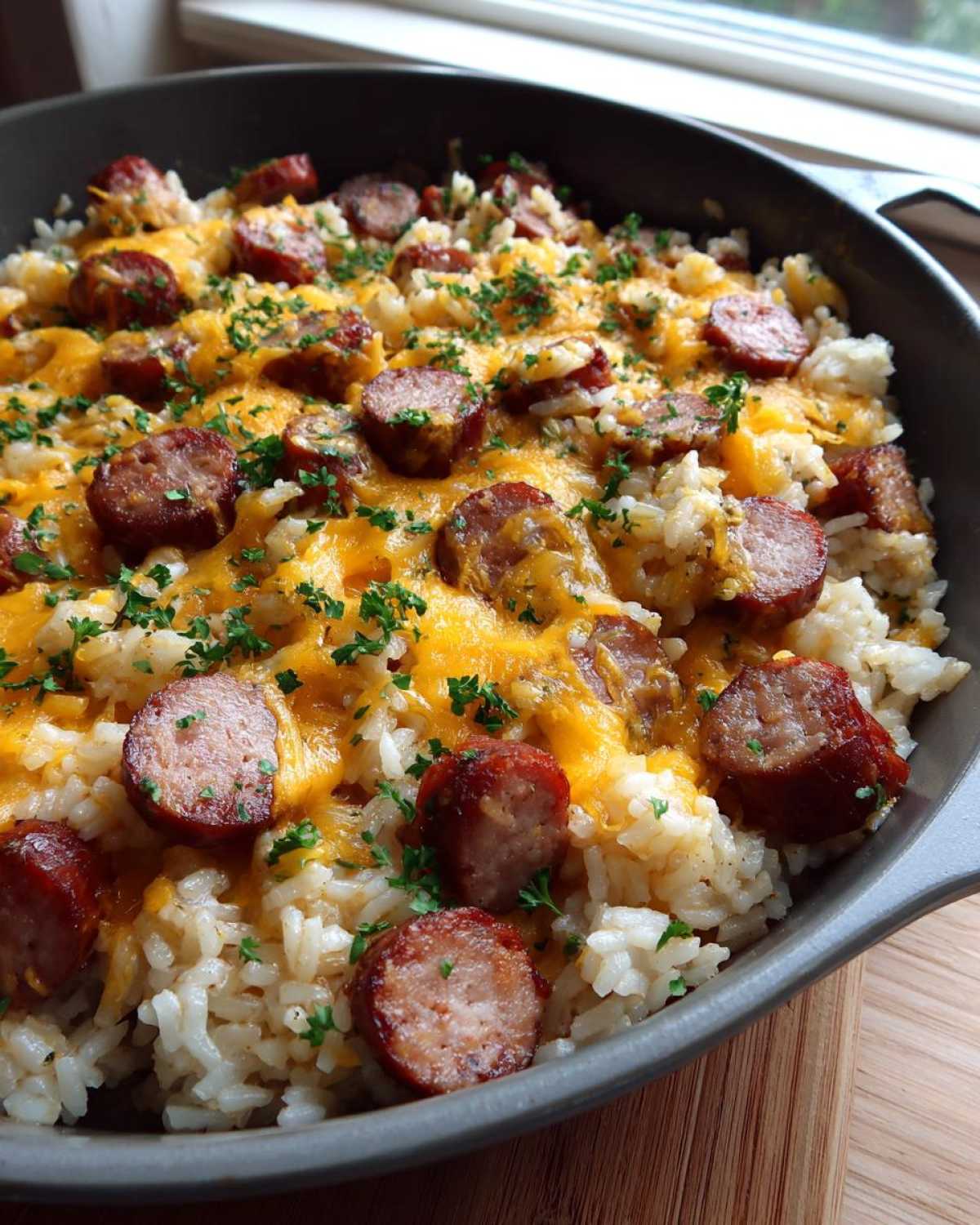 Close-up of cheesy sausage and rice topped with melted cheddar and fresh parsley in a skillet.