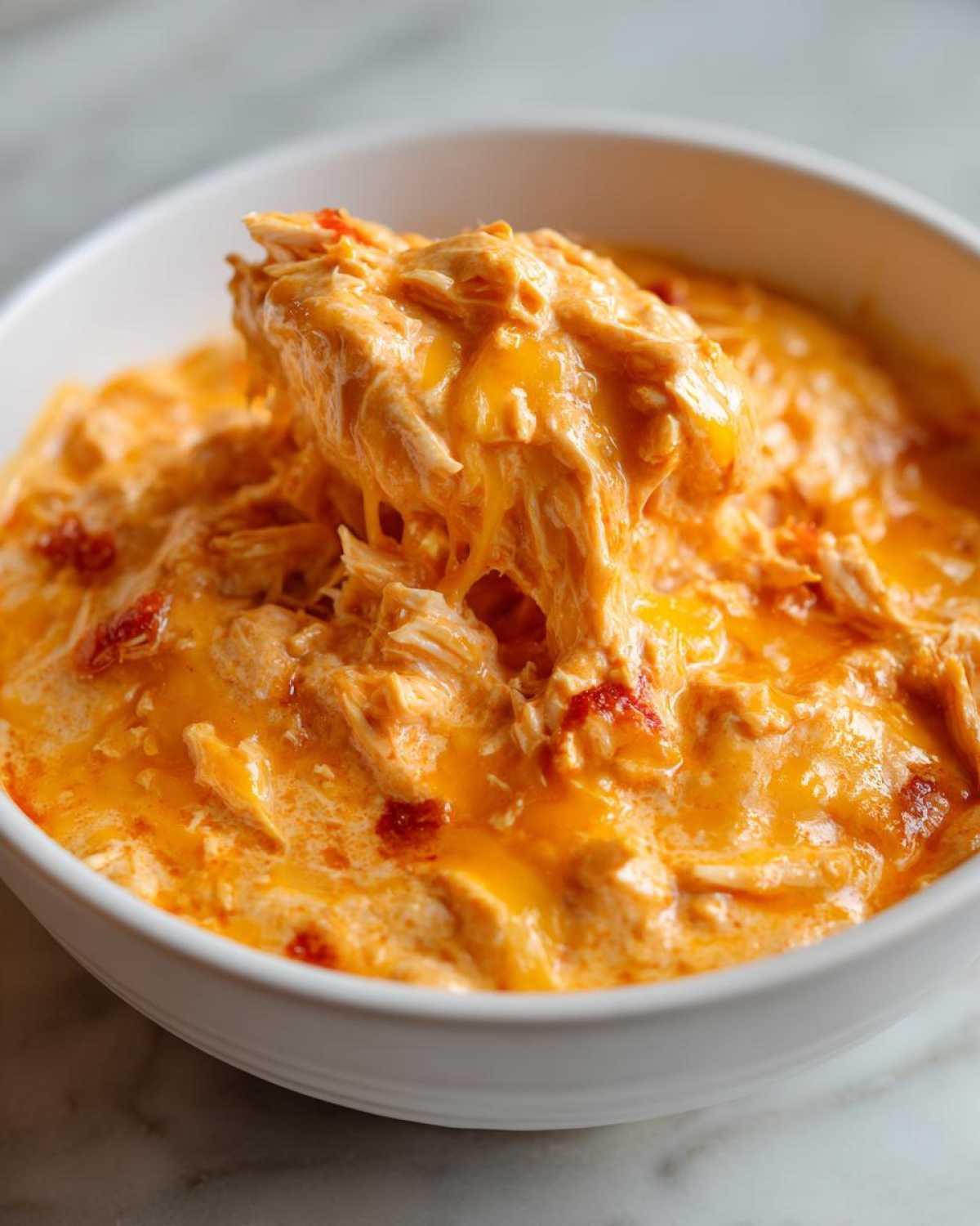 A spoonful of creamy, cheesy buffalo chicken dip being lifted from a white bowl.