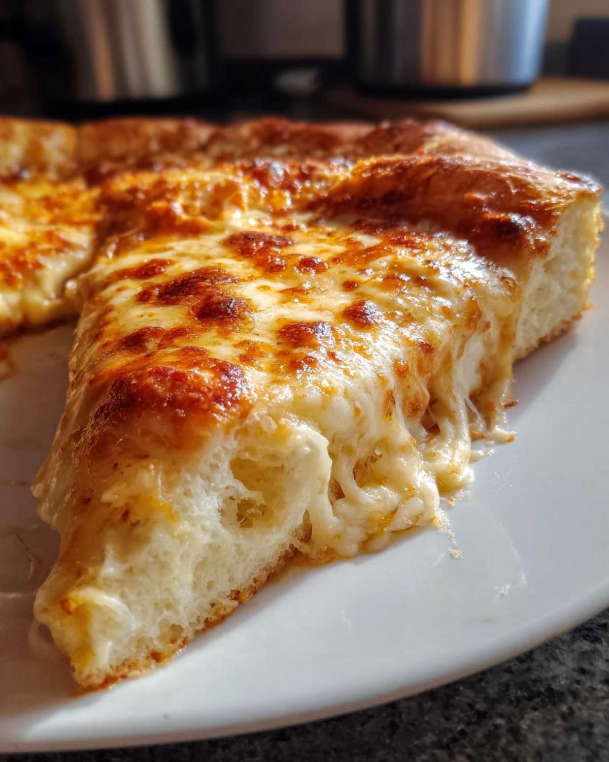 Close-up of a thick slice of cheesy pizza made with sourdough discard pizza dough, showing a fluffy crust.