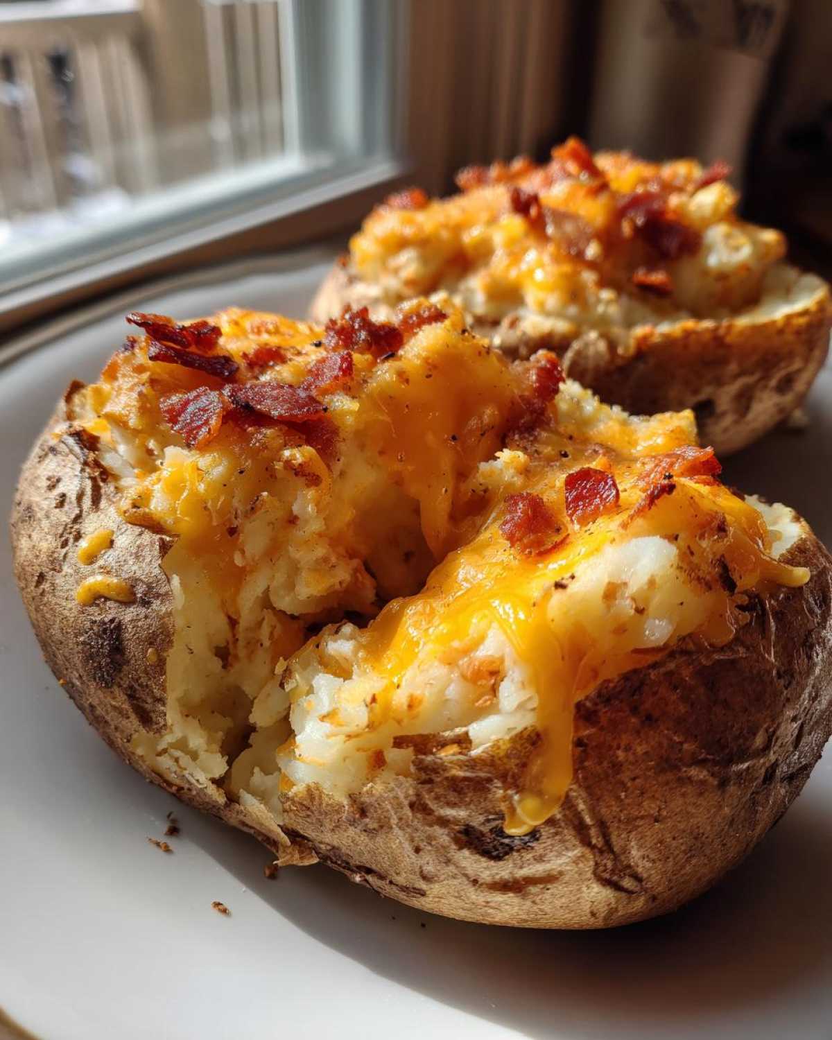 Two delicious twice-baked potatoes stuffed with mashed potato filling, melted cheddar cheese, and crumbled bacon pieces.