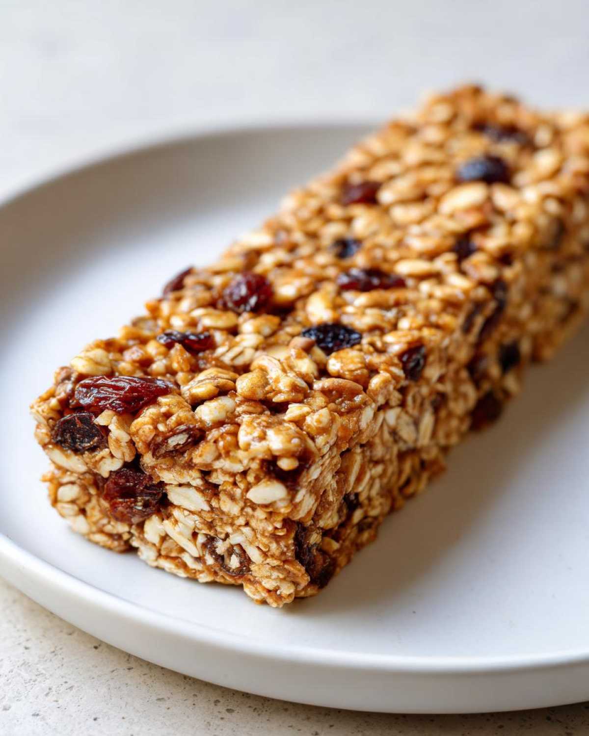 A single, thick, chewy no bake granola bars packed with oats and dried cranberries/raisins, resting on a white plate.
