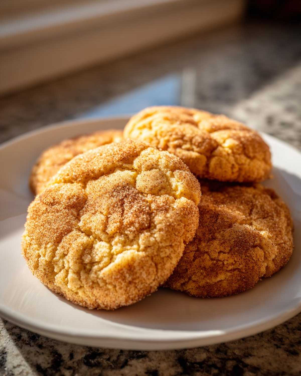 A close-up of four chewy snickerdoodles coated in cinnamon sugar resting on a white plate.