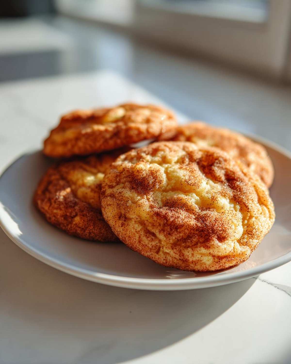 Close-up of several chewy snickerdoodles coated in cinnamon sugar resting on a white plate.