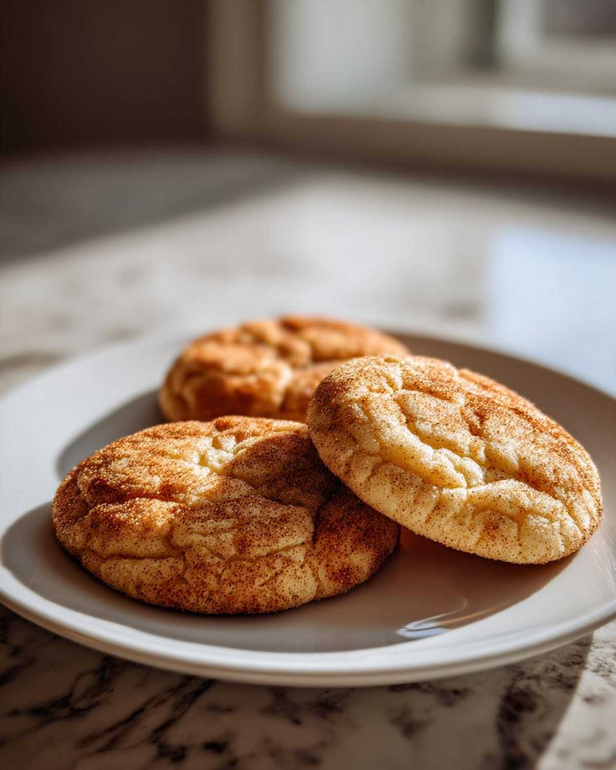 Close-up of three soft, chewy snickerdoodles coated in cinnamon sugar resting on a white plate.