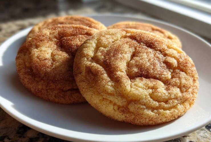 Close-up of three perfectly chewy snickerdoodles coated in cinnamon sugar resting on a white plate.