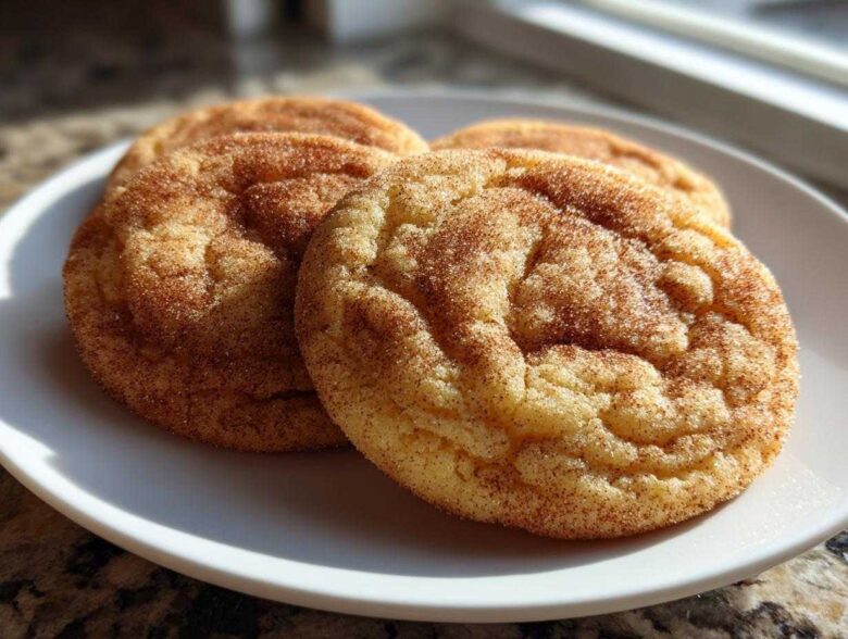 Close-up of three perfectly chewy snickerdoodles coated in cinnamon sugar resting on a white plate.