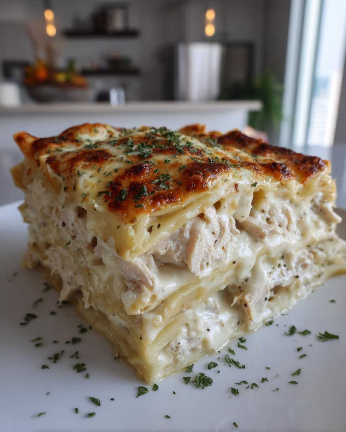 A thick, multi-layered slice of chicken alfredo lasagna showing creamy sauce and shredded chicken, topped with melted, browned cheese and parsley.