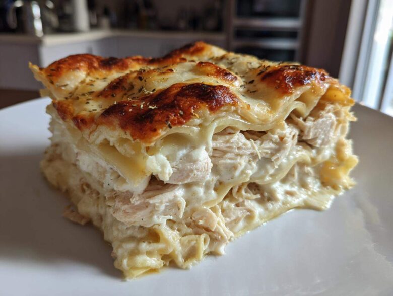 A thick, layered slice of chicken alfredo lasagna featuring shredded chicken, creamy sauce, and a bubbly, browned cheese top.