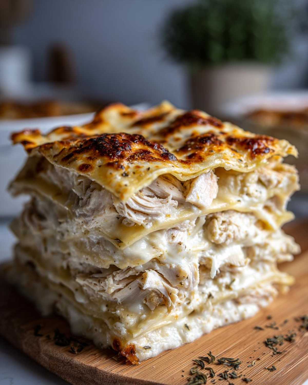 A tall, thick slice of baked chicken alfredo lasagna showing multiple layers of pasta, shredded chicken, and creamy white sauce.
