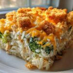 A close-up slice of creamy chicken broccoli rice casserole topped with melted cheddar cheese and crunchy breadcrumbs.