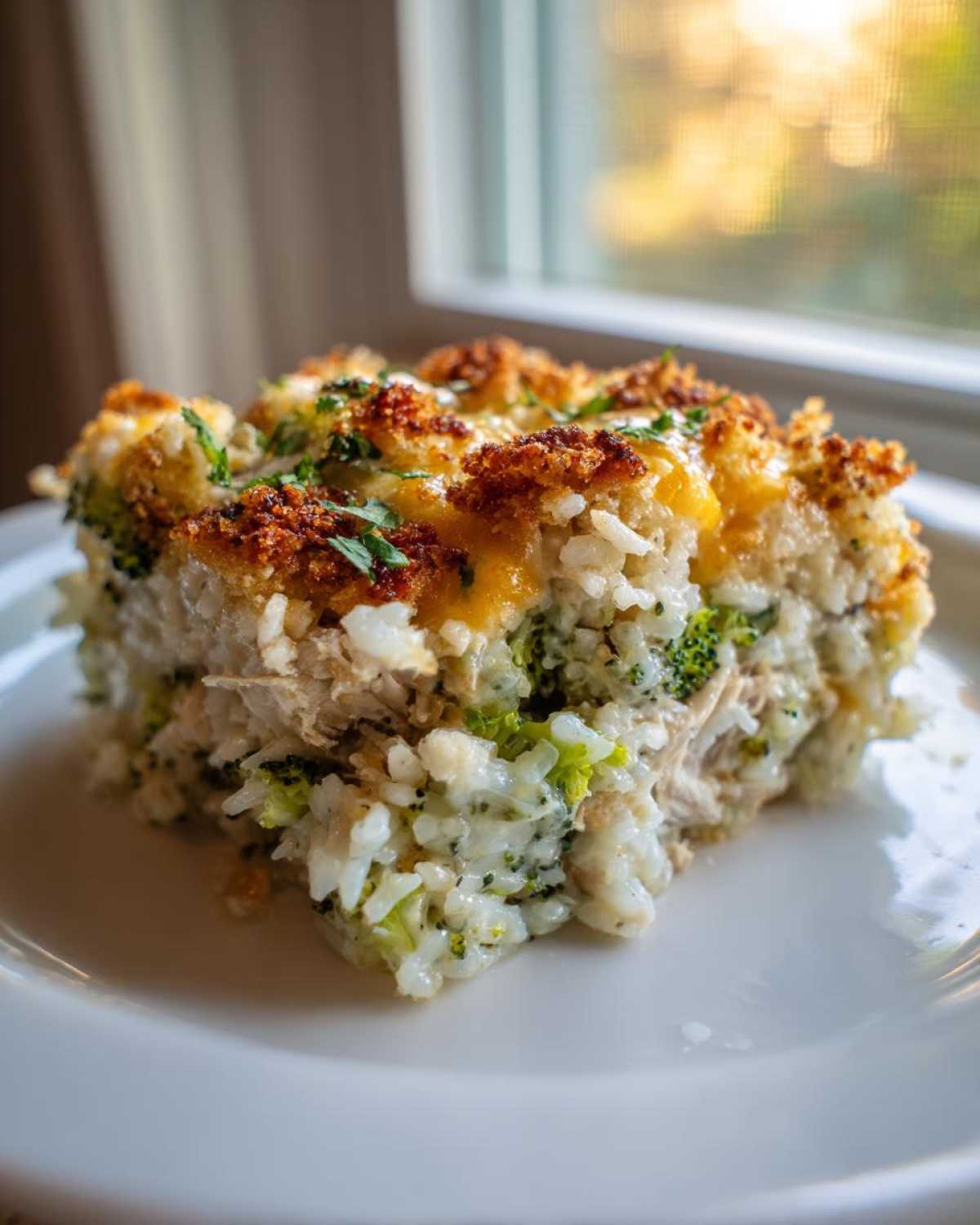 A close-up of a serving of creamy chicken broccoli rice casserole with a golden, crunchy topping.