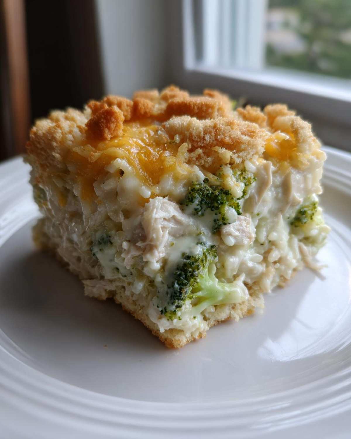 A square slice of creamy chicken broccoli rice casserole with a crunchy topping on a white plate.