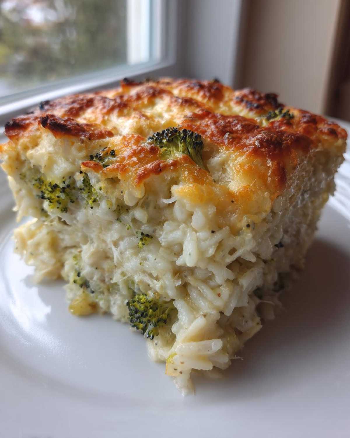 A close-up of a square serving of creamy chicken broccoli rice casserole with a golden, bubbly cheese topping.