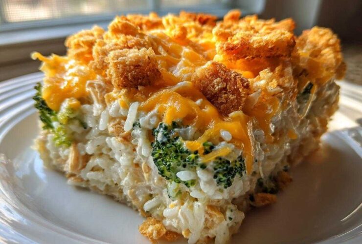 A close-up slice of creamy chicken broccoli rice casserole topped with melted cheddar cheese and crunchy breadcrumbs.