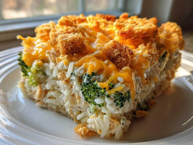 A close-up slice of creamy chicken broccoli rice casserole topped with melted cheddar cheese and crunchy breadcrumbs.