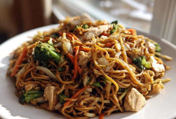 Close-up of a generous serving of chicken chow mein recipe with noodles, chicken pieces, broccoli, and carrots on a white plate.