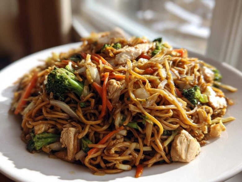 Close-up of a generous serving of chicken chow mein recipe with noodles, chicken pieces, broccoli, and carrots on a white plate.