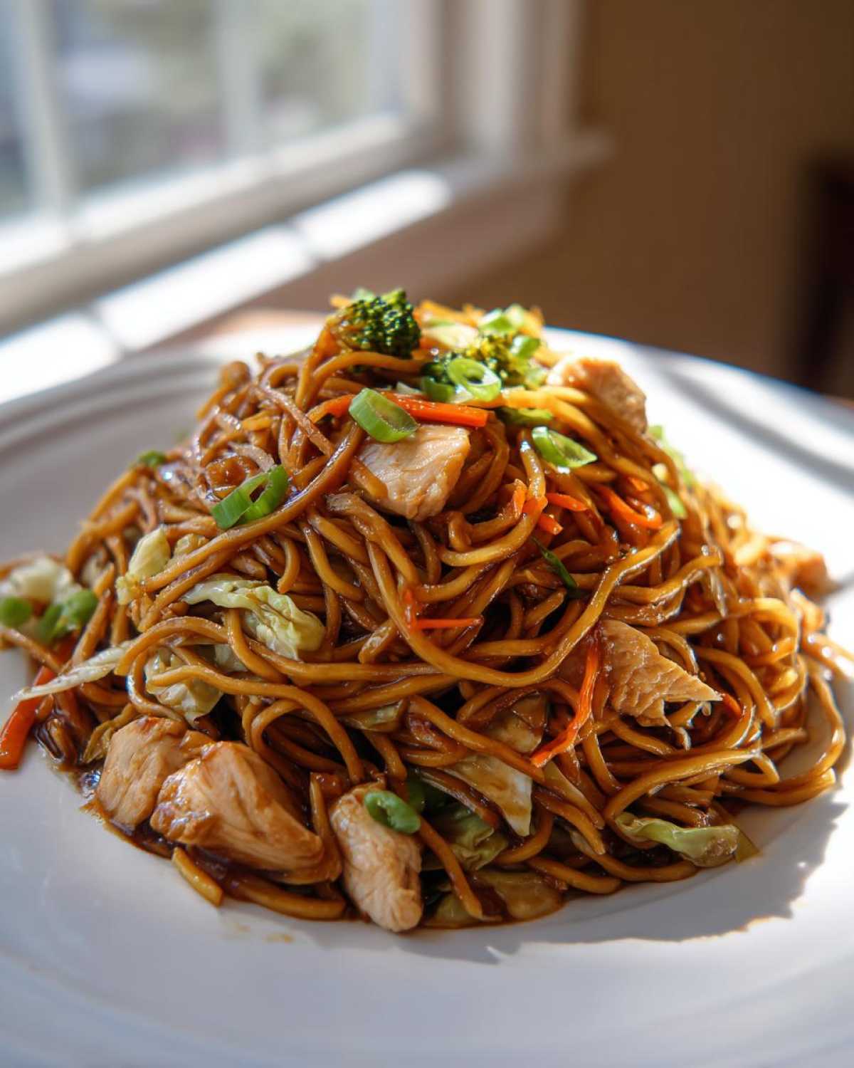 A close-up of a mound of delicious chicken chow mein recipe noodles mixed with vegetables on a white plate.