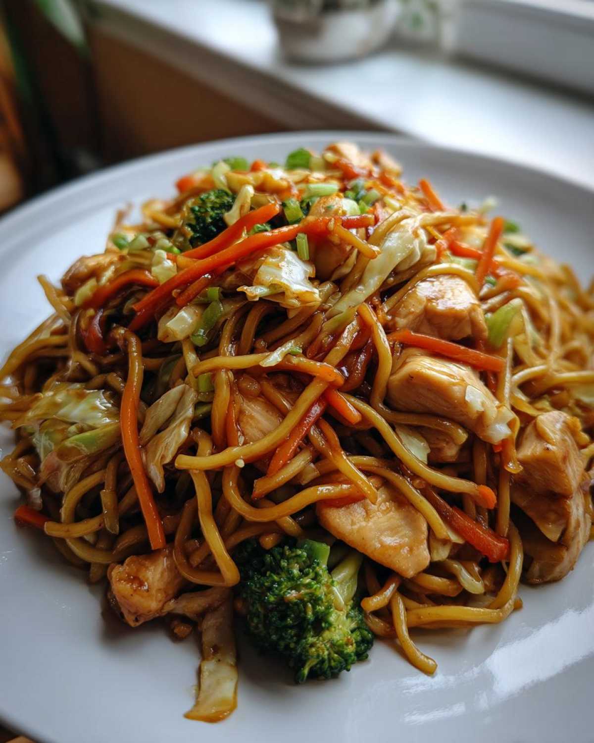 Close-up of a serving of delicious chicken chow mein recipe, featuring noodles, chicken chunks, carrots, and broccoli.