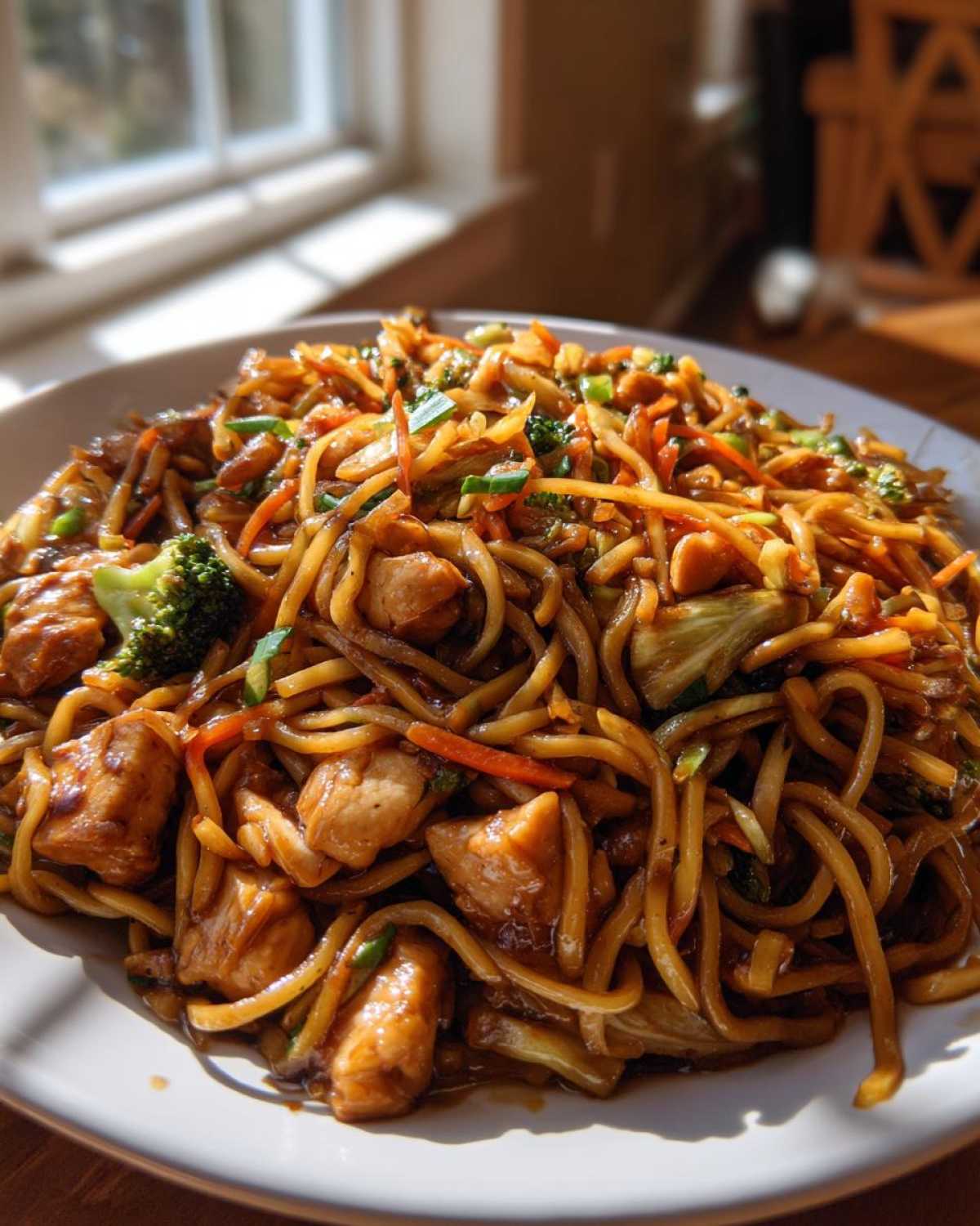 A close-up of a generous serving of chicken chow mein recipe, featuring noodles, chicken pieces, broccoli, and carrots.