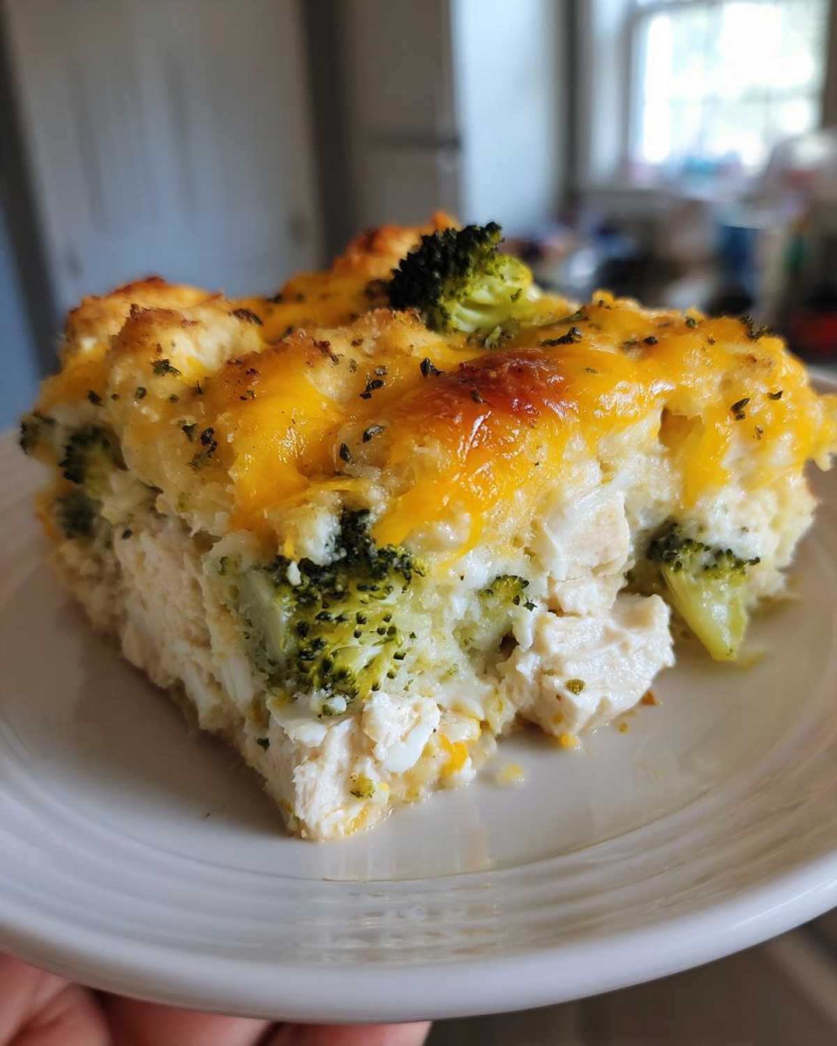 A close-up of a square serving of Chicken Divan casserole with chunks of chicken, broccoli, and melted cheddar cheese topping.